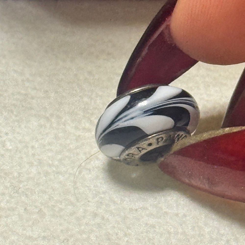 PANDORA 925 Sterling Silver Murano Glass White & Black Branches Bead Charm